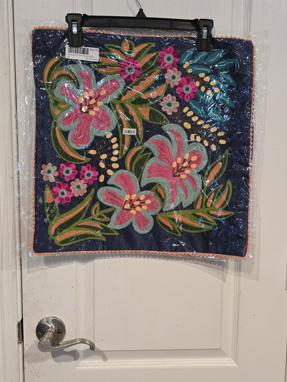 Embroidered Floral Pillow Case - Navy with Pink & Green